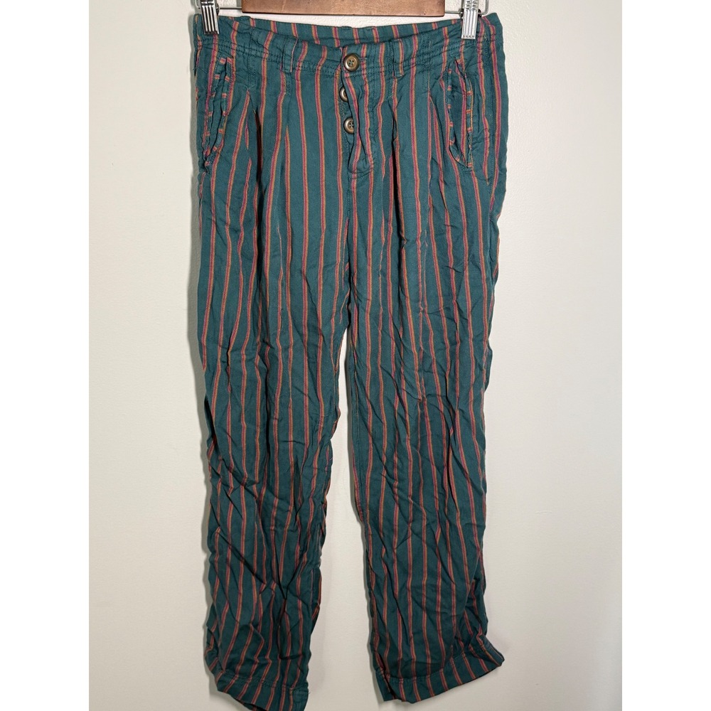 Free People Teal Orange Striped Tapered Pants Button Fly Size 2 Boho Relaxed